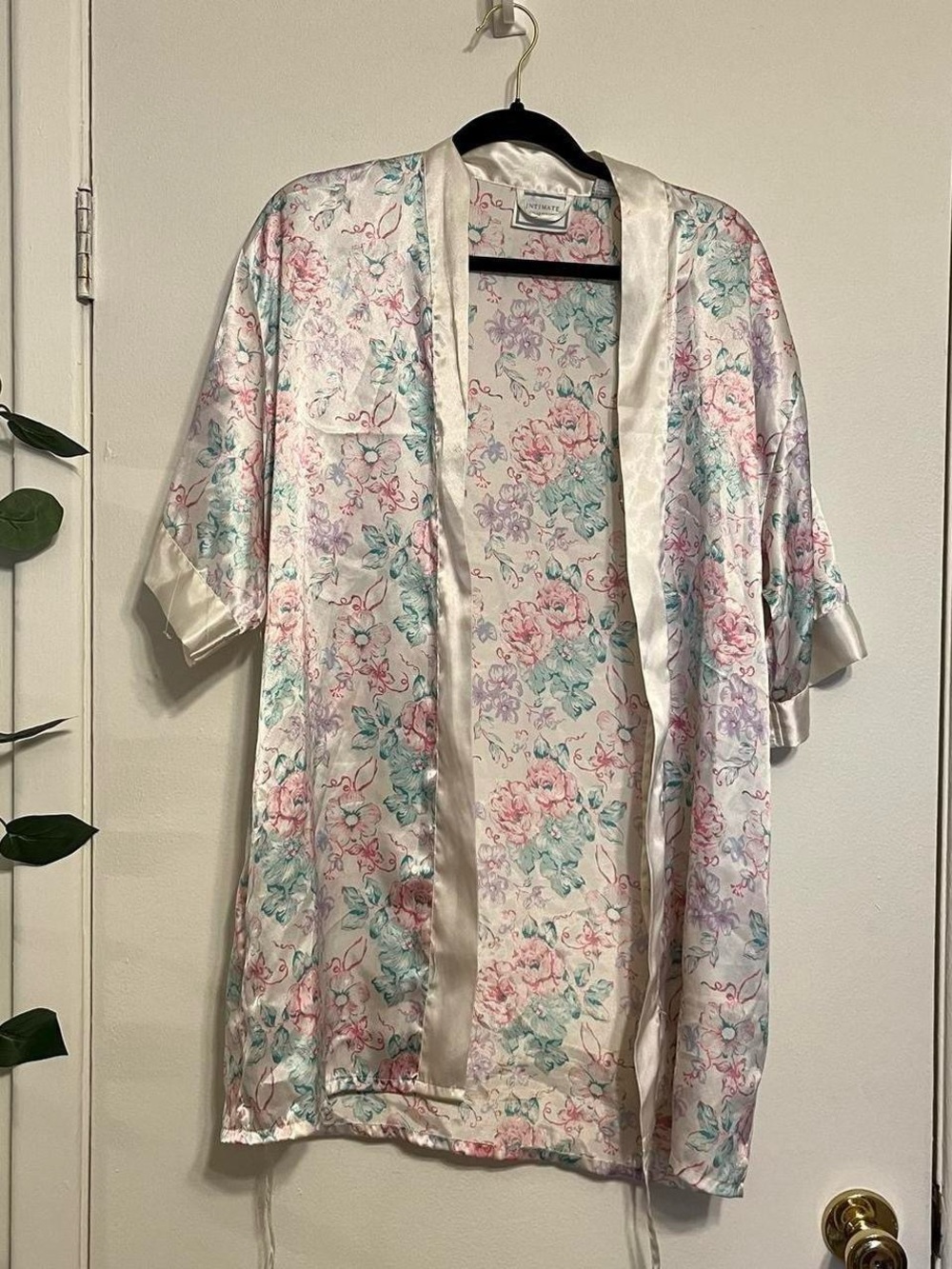 Intimate Moments white + pink/teal floral print silky robe